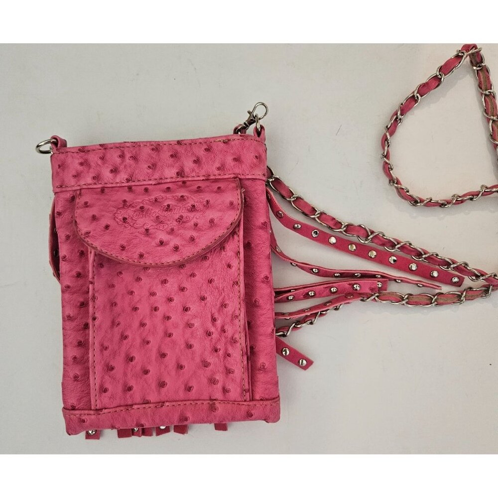 Rustic Couture Crossbody Purse Pink Bejeweled Fringe Snaps Phone Pocket 6" by 8" - Picture 2 of 5